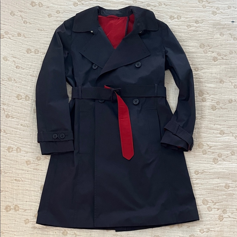 Max Mara Navy Blue Trench Coat with Red Lining Sz 2